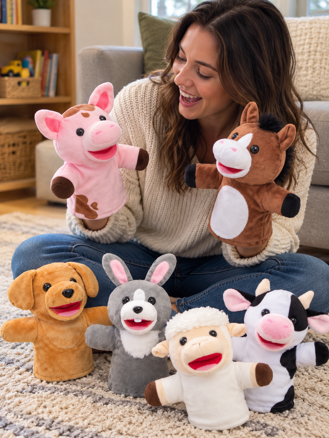Joyfy 6-Piece Animal Hand Puppet Set in an everyday home setting