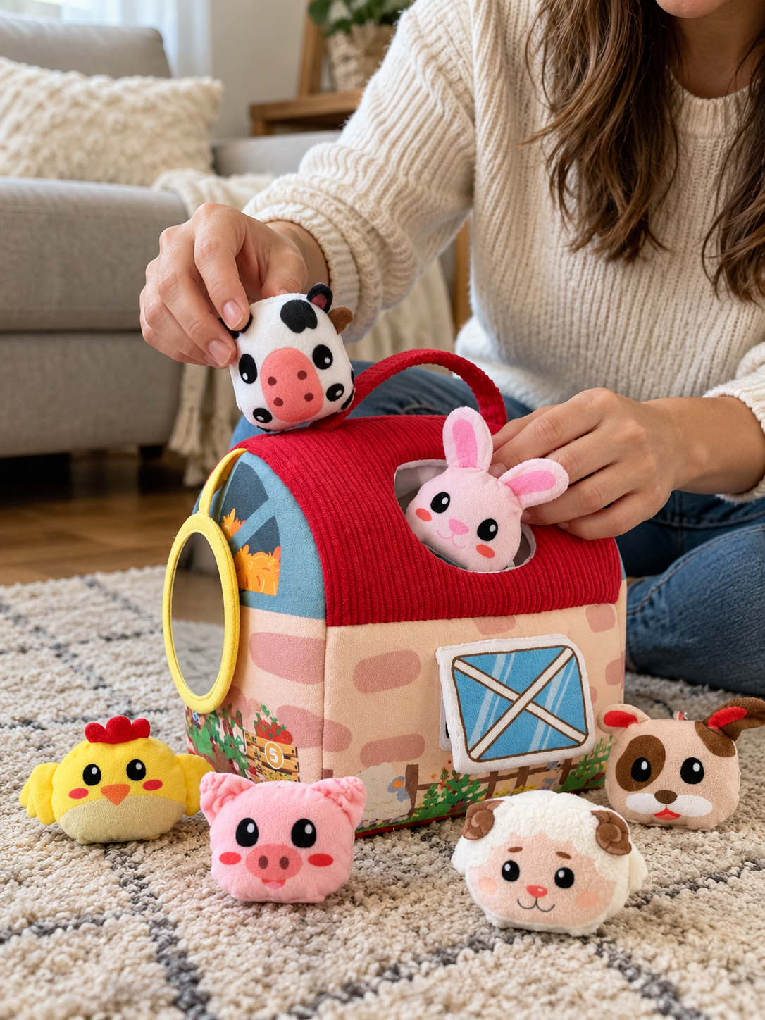 Lifestyle illustration: FarmFun™ Plush Sensory Barn Set
